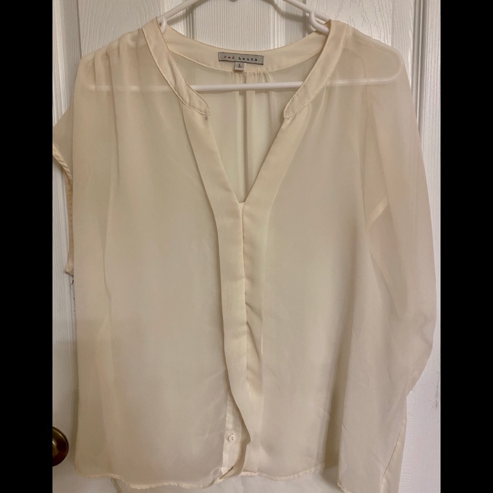 Red Haute Sexy Cream Sheer Blouse Hi Lo Hem and Cap Sleeves Size Large